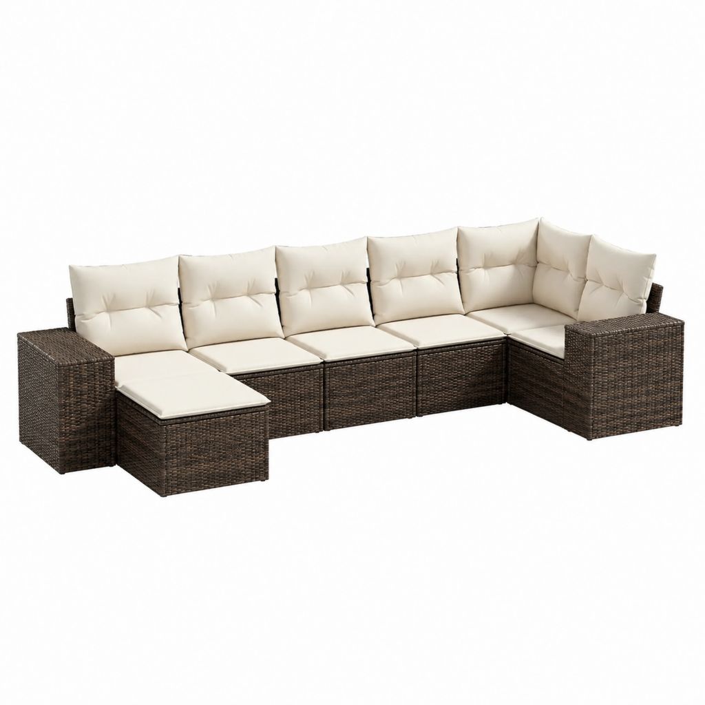 Salon de jardin modulable 8 pièces marron en résine tressée PE avec coussins crème 490 x 140 x 63 cm