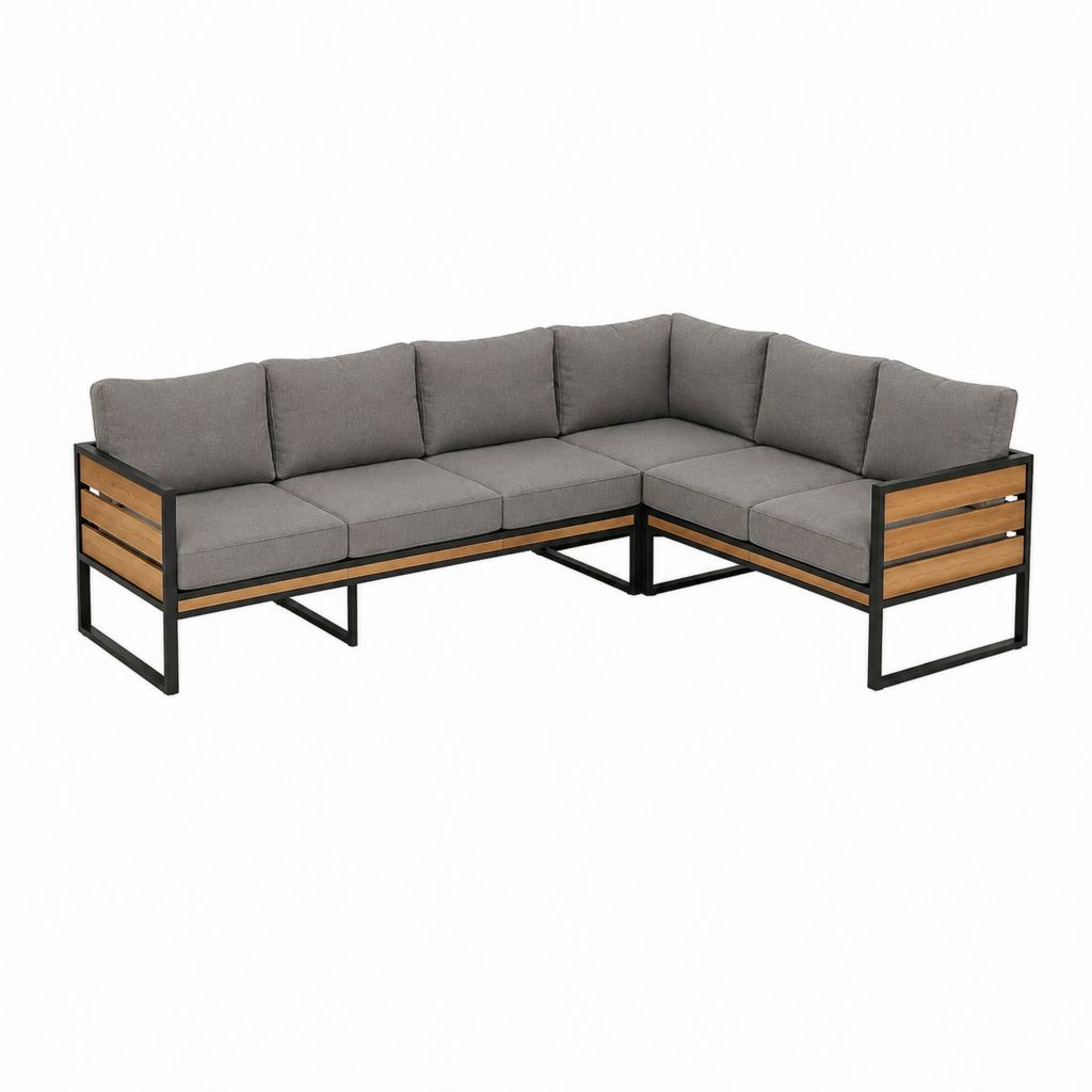 Canapé de jardin d’angle 5 places gris en acier et acacia massif 250 x 190 x 75 cm