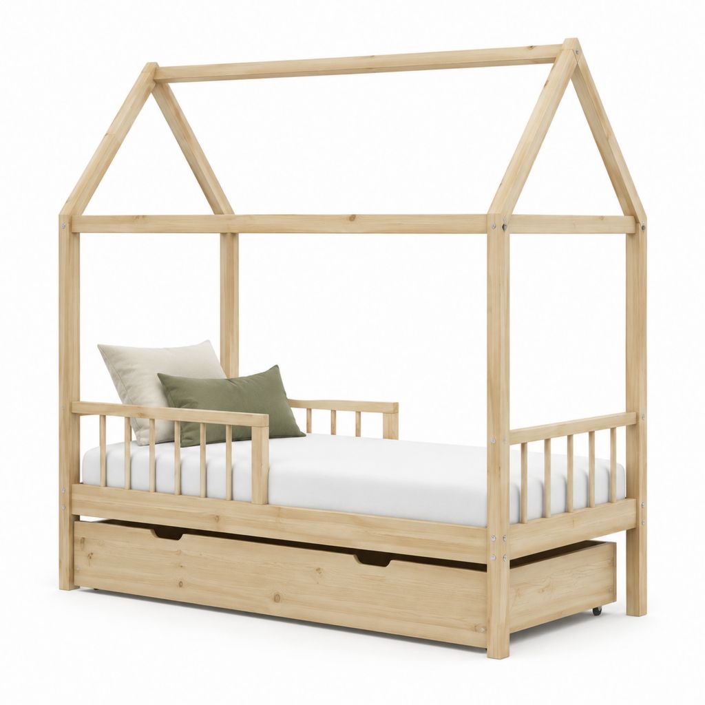 Lit cabane enfant avec tiroir en pin massif naturel 90 x 190 cm