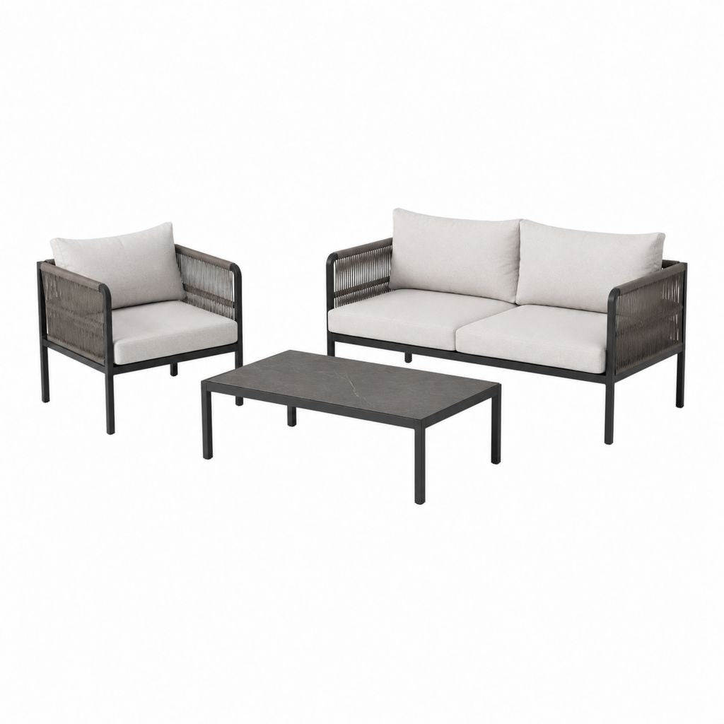 Salon de jardin 3 pièces noir et beige en aluminium avec corde PE et coussins polyester canapé 2 places 132 x 75 x 76 cm