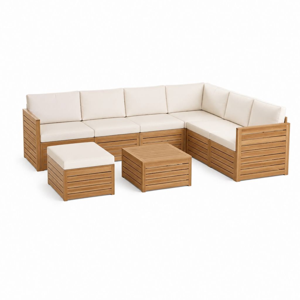 Salon de jardin d'angle 7 pièces beige en acacia massif avec coussins 250 x 190 x 70 cm
