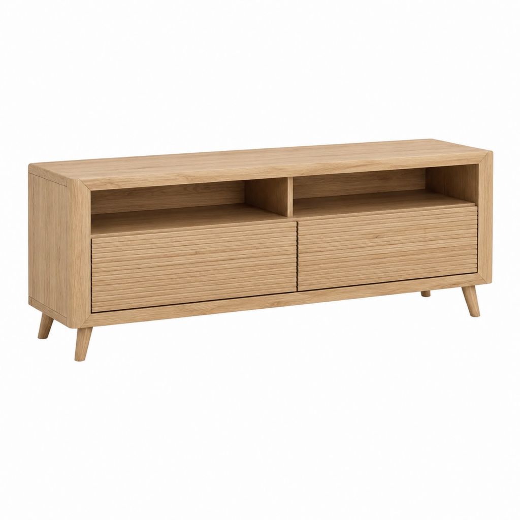 Meuble TV en chêne massif naturel 160 x 40 x 55 cm avec 2 tiroirs et 2 niches