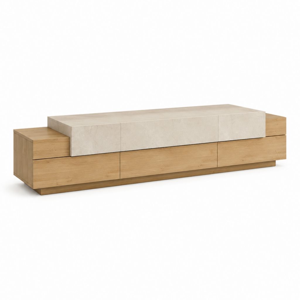 Meuble TV rectangulaire en panneaux de particules chêne clair et beige effet béton 180 x 40 x 45 cm