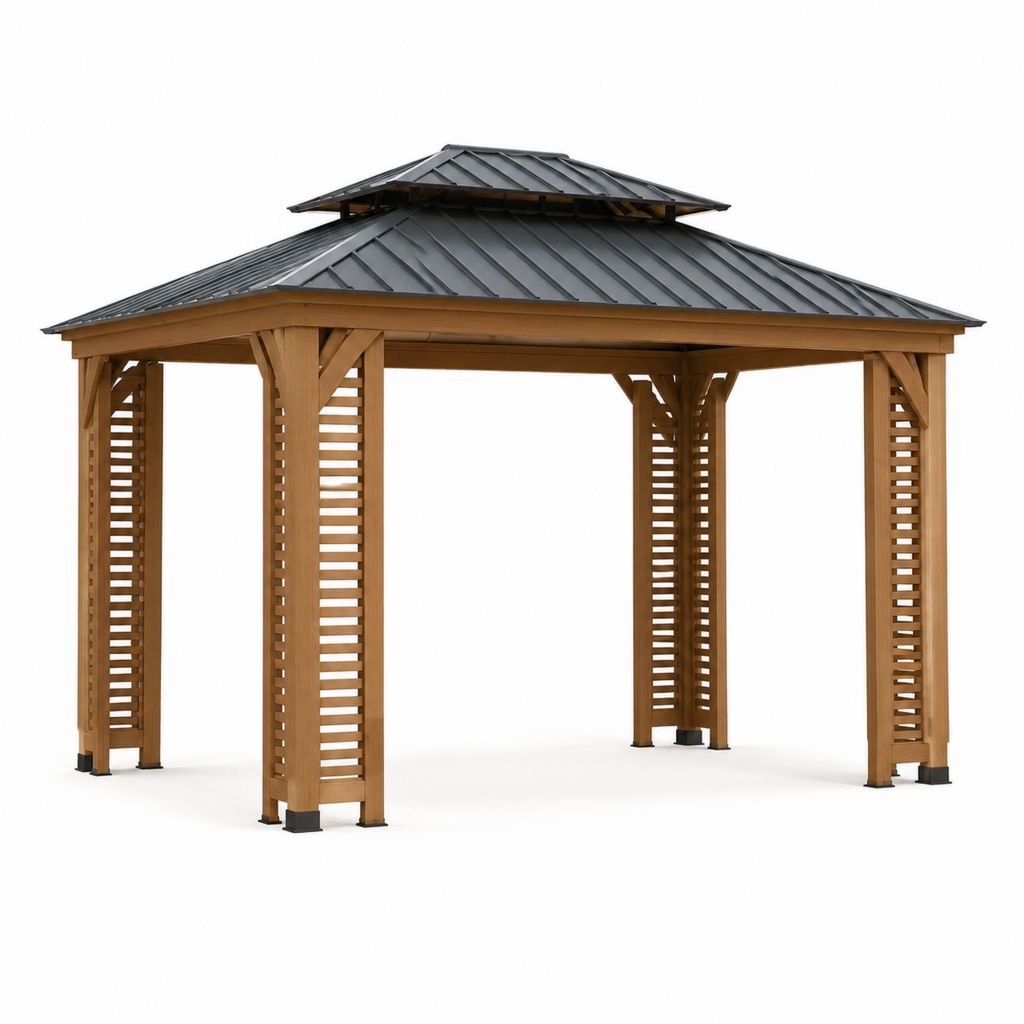 Pavillon de jardin carré marron en bois massif de cèdre avec toit en acier galvanisé 300 x 300 x 310 cm