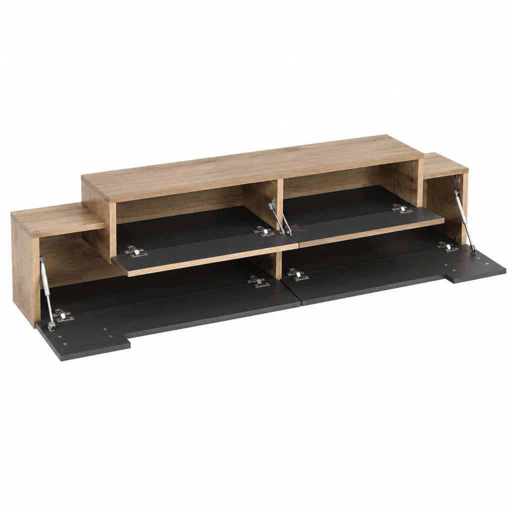 Meuble TV rectangulaire chêne clair et noir en panneaux de particules mélaminés 180 x 40 x 45 cm avec 6 portes abattantes