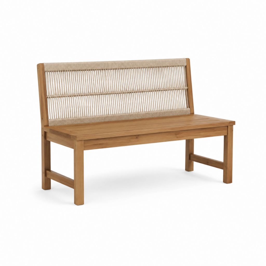 Banc de jardin 2 places en bois massif et corde beige 120 x 60 x 85 cm
