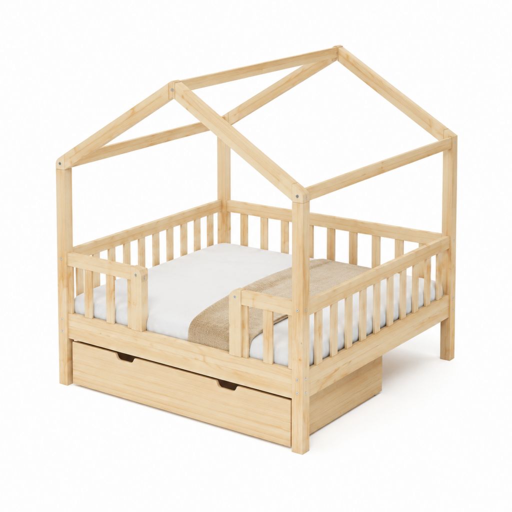 Lit cabane enfant avec tiroir pin massif naturel 90 x 190 cm