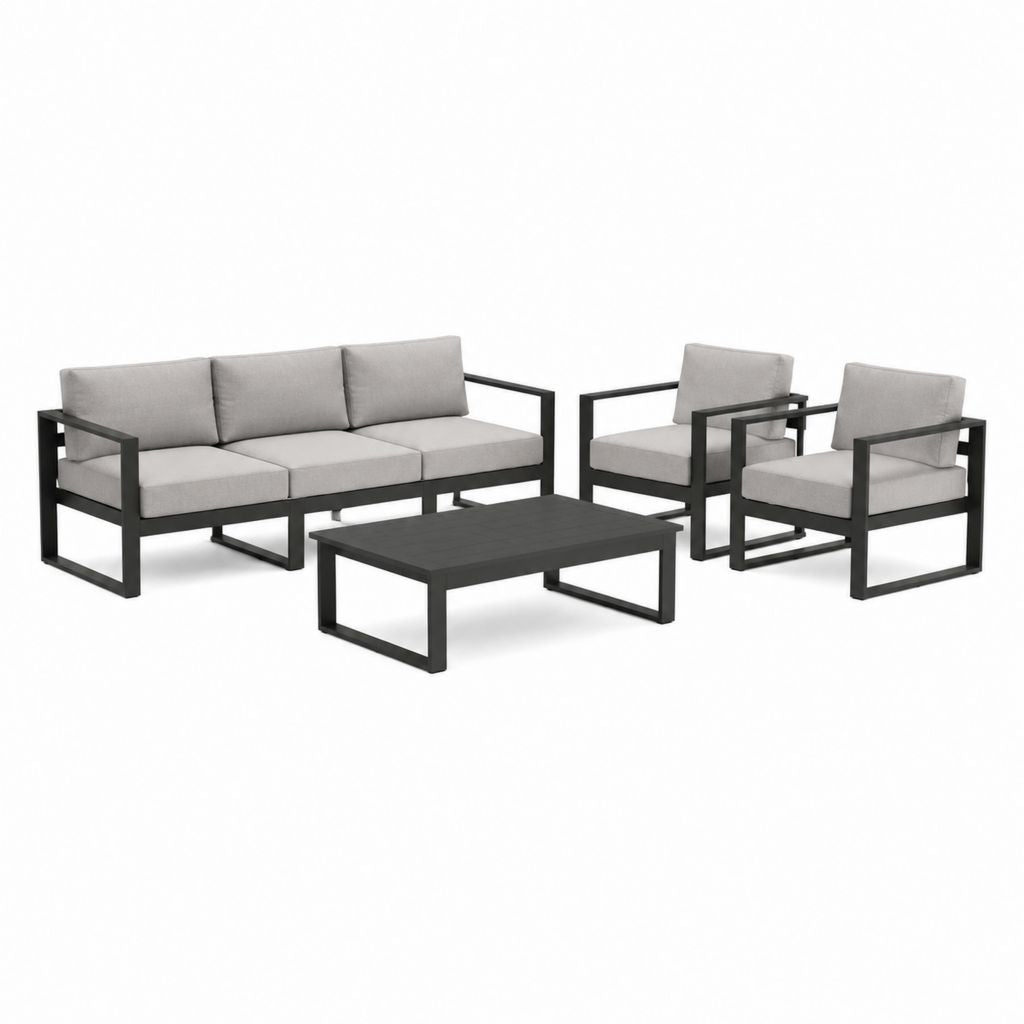 Salon de jardin 4 pièces noir et gris en acier thermolaqué avec coussins en polyester canapé 3 places 2 fauteuils table basse 190 x 70 x 65 cm