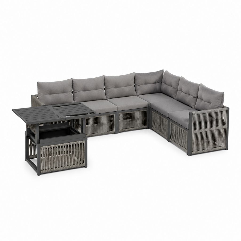 Salon de jardin d’angle 6 places gris aluminium et corde polyester 255 x 255 x 82 cm