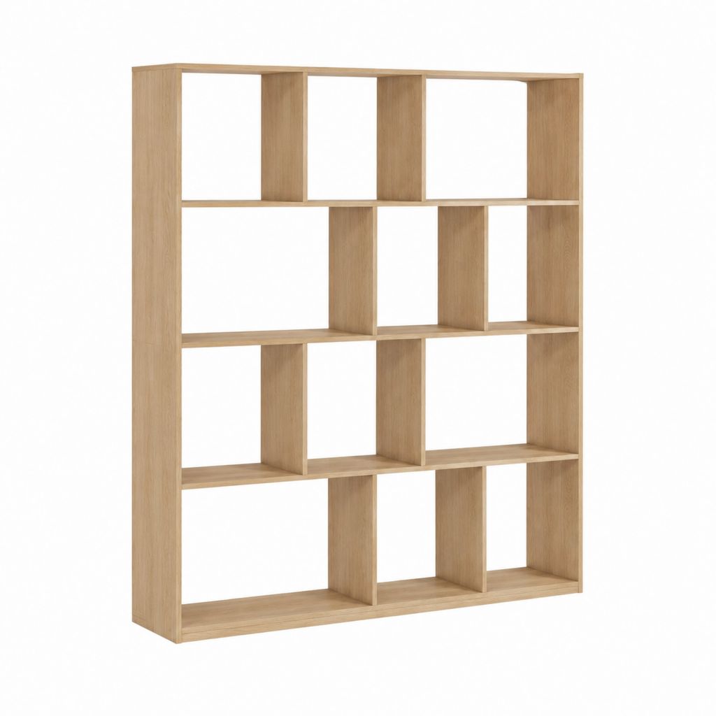 Bibliothèque ouverte effet chêne en panneaux MDF 120 x 30 x 180 cm avec 16 niches