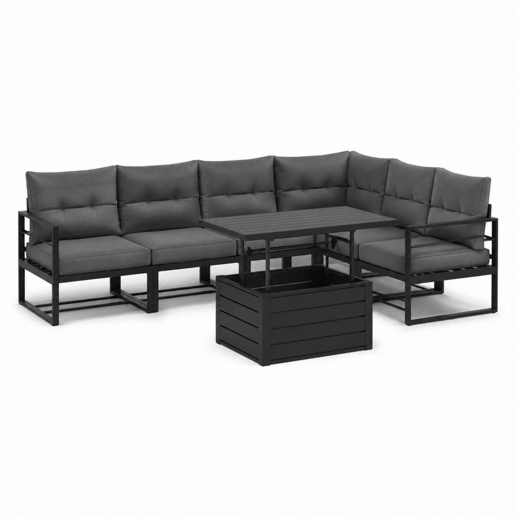 Salon de jardin d’angle 7 pièces anthracite en acier avec coussins polyester 250 x 250 x 70 cm