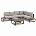 Salon de jardin d'angle 5 places gris en aluminium et composite bois 280 x 220 cm avec table basse