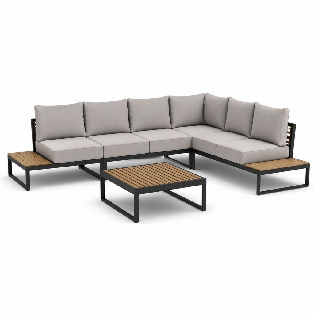 Salon de jardin d'angle 5 places gris en aluminium et composite bois 280 x 220 cm avec table basse