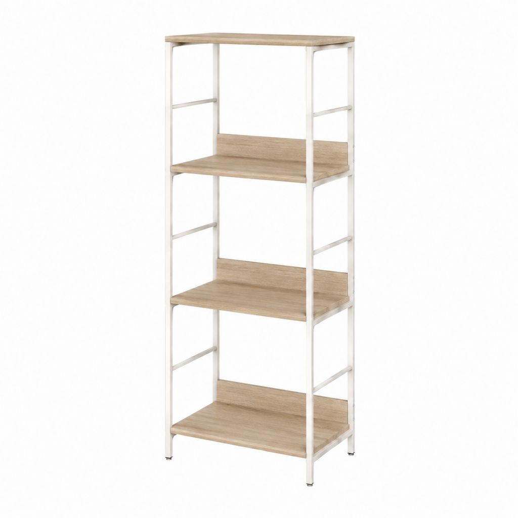 Bibliothèque étagère 4 niveaux chêne clair et blanc en panneaux de particules et acier 60 x 30 x 140 cm