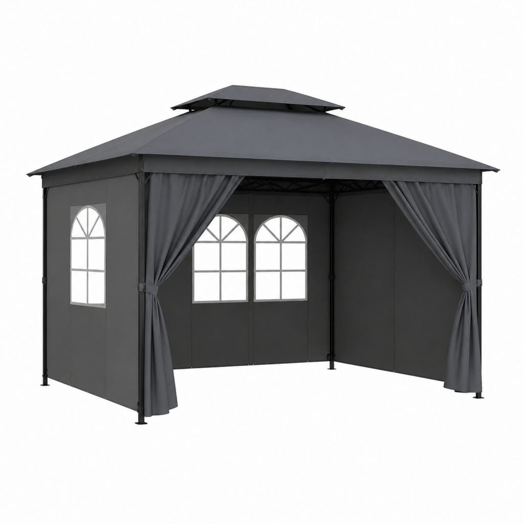 Tonnelle de jardin carrée gris anthracite en acier et polyester avec rideaux 300 x 300 x 270 cm