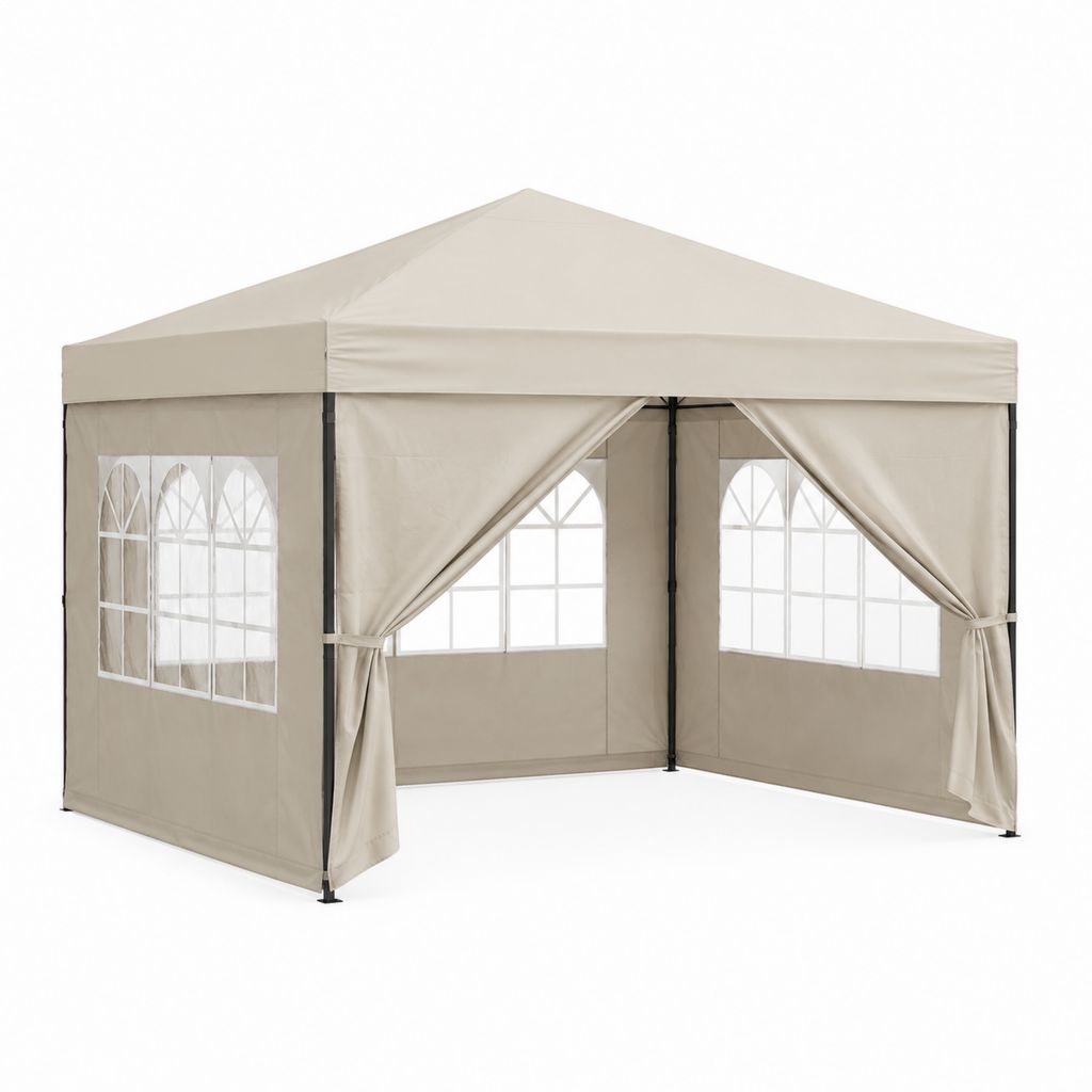 Tente de réception pliante beige en acier et polyéthylène 3 x 3 x 2.5 m avec parois latérales