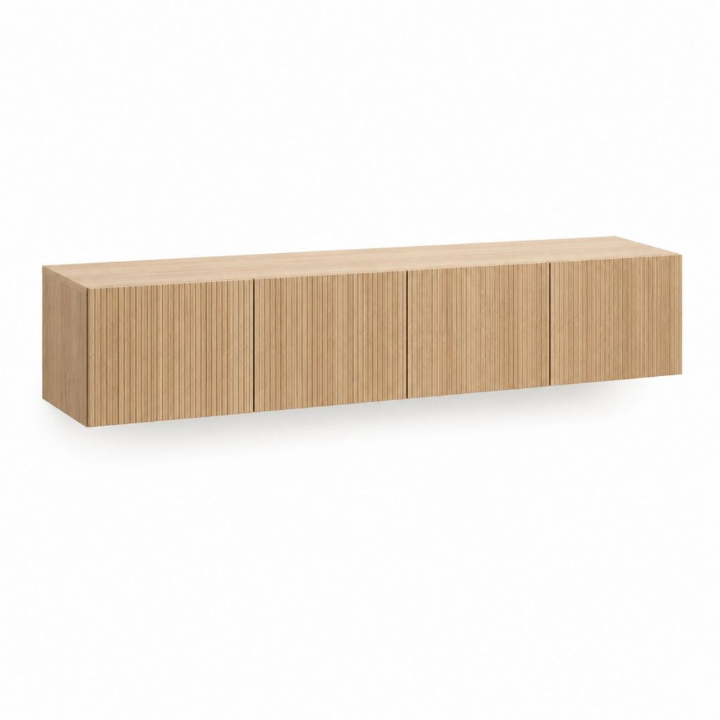 Meuble TV suspendu 4 portes chêne clair en MDF 180 x 40 x 40 cm