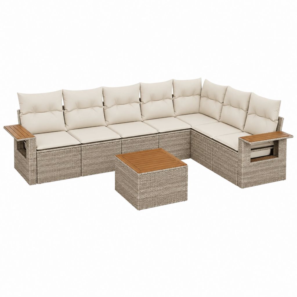Salon de jardin d'angle 7 places beige et gris en résine tressée PE avec table basse 270 x 210 x 85 cm