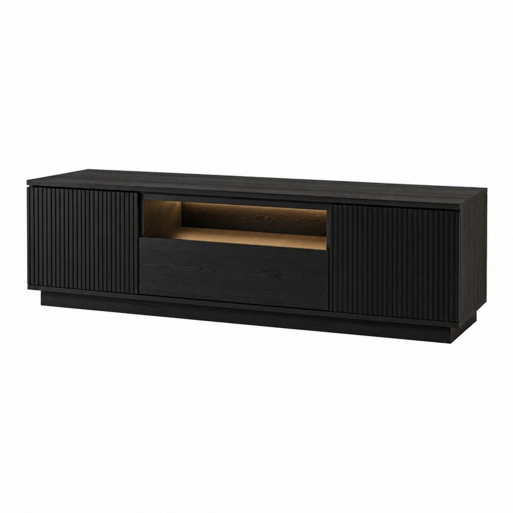 Meuble TV rectangulaire noir en panneaux MDF 180 x 45 x 40 cm avec 2 portes et tiroir