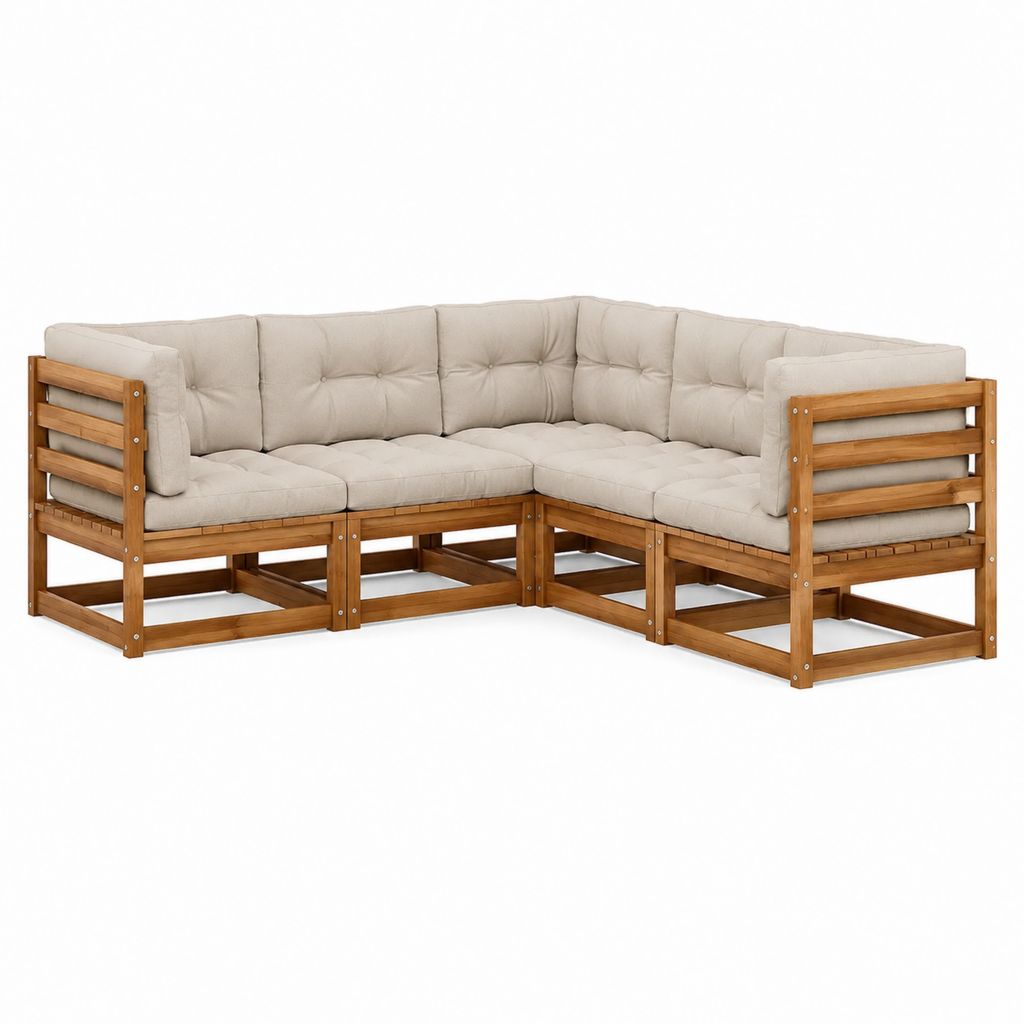 Canapé de jardin d’angle 4 places en L beige et acacia massif 210 x 210 x 65 cm