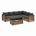 Salon de jardin d'angle 6 places avec table rectangulaire noir et brun en aluminium et acacia 250 x 250 x 75 cm